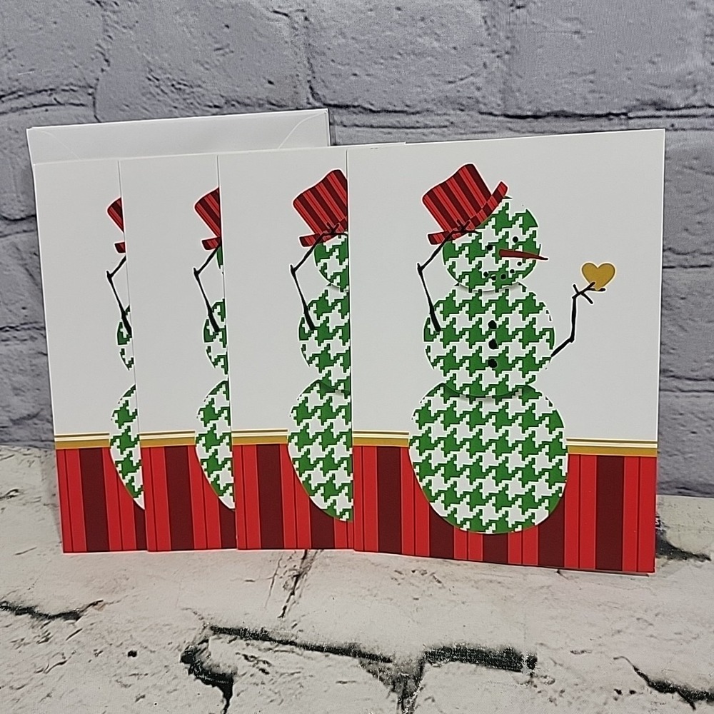 Punch Studio Christmas Cards Houndstooth Snowmen Lot Of 4 With Envelopes